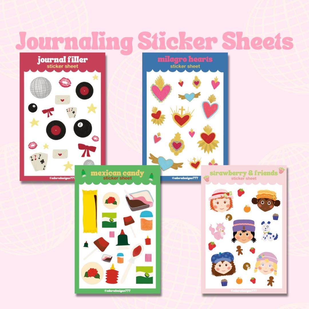 Cute Journaling Sticker Sheets || Hearts, Candy, Strawberry, Discoball, Kisses, Filler Sticker, Junk Journal, Bullet Journal, Planner, Vinyl